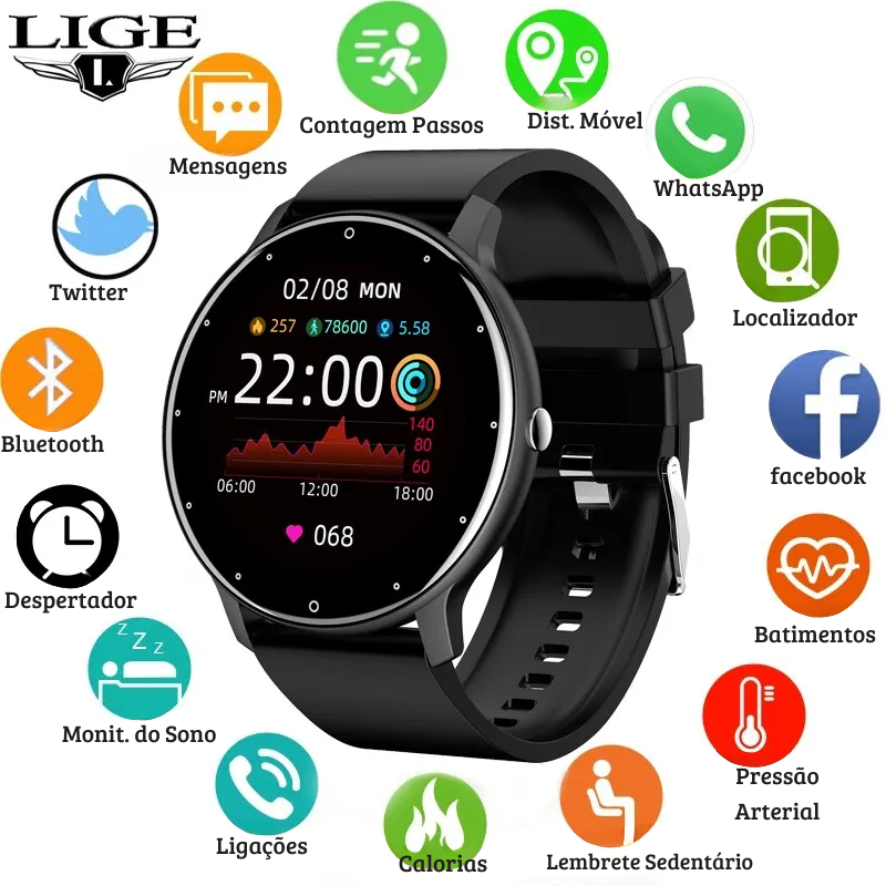 Relógio Smartwatch LIGE IP67 - À Prova d' Água, Bluetooth, Android, iOS  - Série Luxo