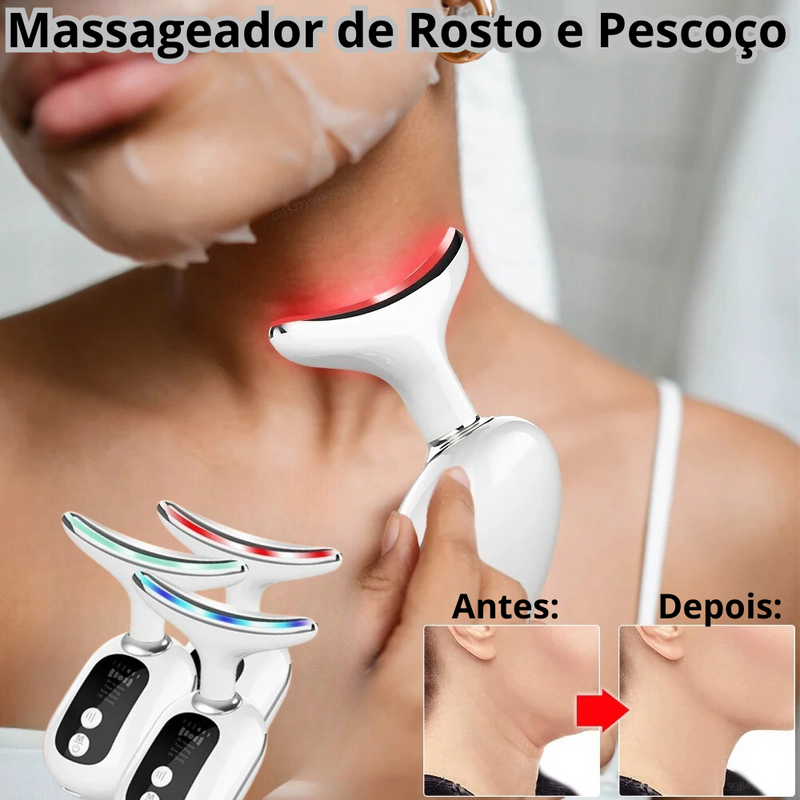 Massageador de Rosto e Pescoço - Antirrugas - Drenagem Facial - LED Terapia